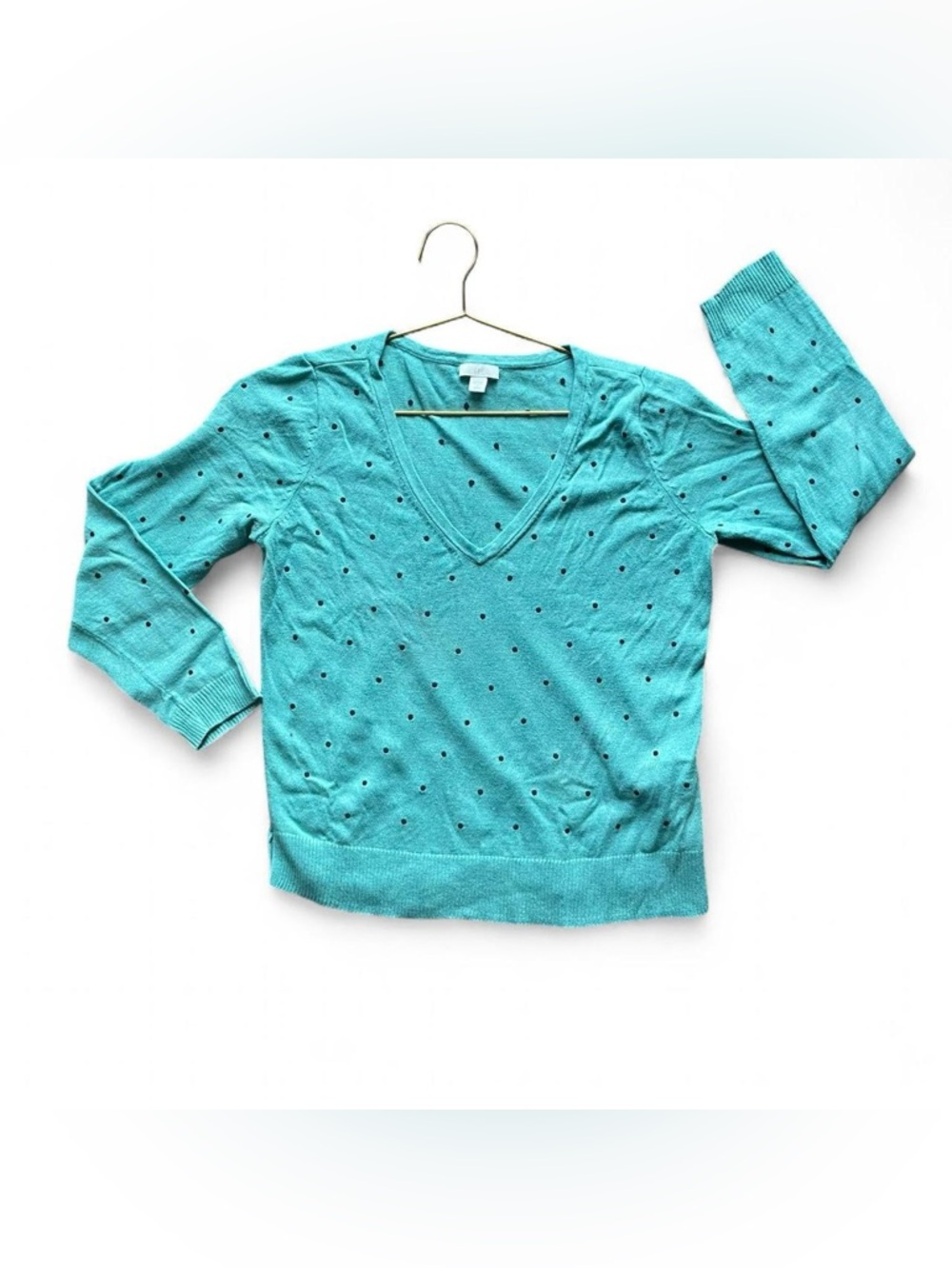 J. Jill Teal Polka Dot V-Neck Sweater – Lightweight Spring Knit (Size S)